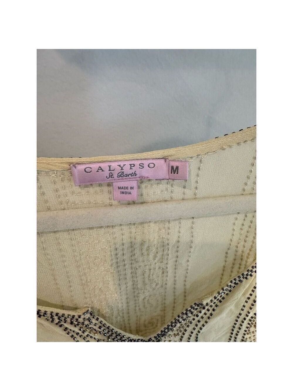Calypso St. Barth Women's Beaded V-Neck Blouse Pale Yellow Size M 3/4 Sleeve - Picture 3 of 4